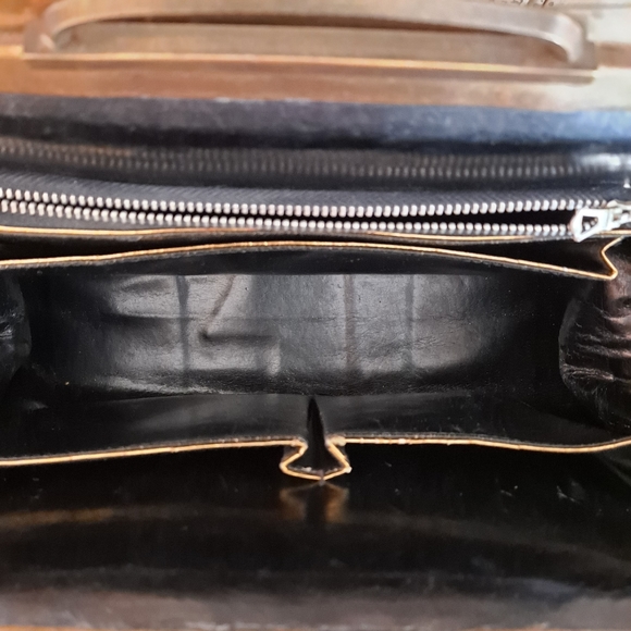 Vtg Alligator Bag Black 50s EUC Double Handle - Picture 5 of 12